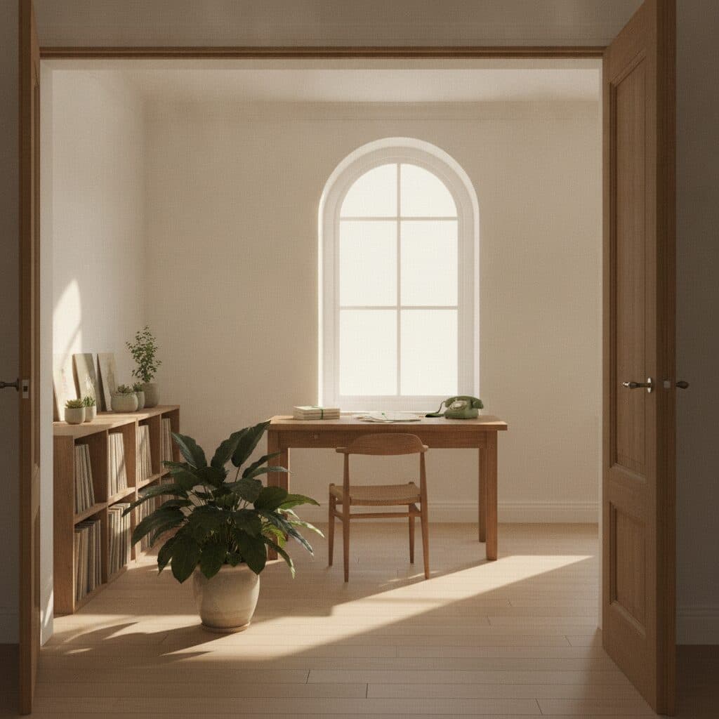 Heller Arbeitsraum mit Holztisch unter einem hohen Fenster, Telefon, Briefstapel und einem Plattenregal an der Wand.