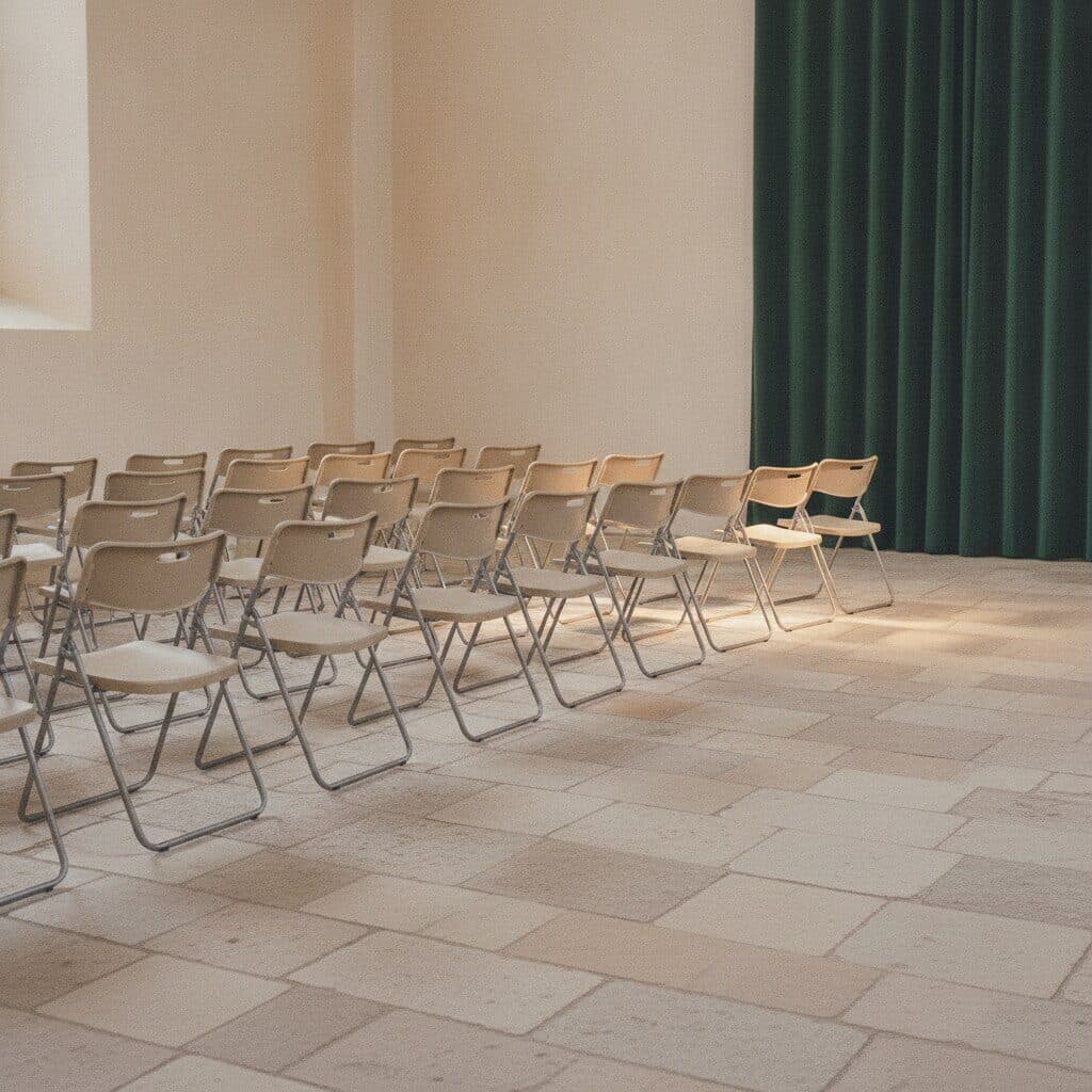 Lange Reihe leerer Klappstühle in einem hellen Saal mit hellem Steinboden und dunkelgrünem Vorhang am Ende.