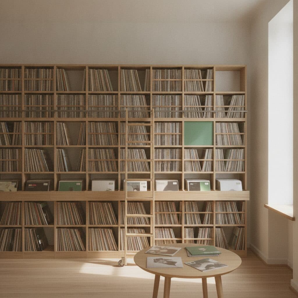 Helles Archivzimmer mit deckenhohen Holzregalen voller Schallplatten und einer Rollleiter davor.