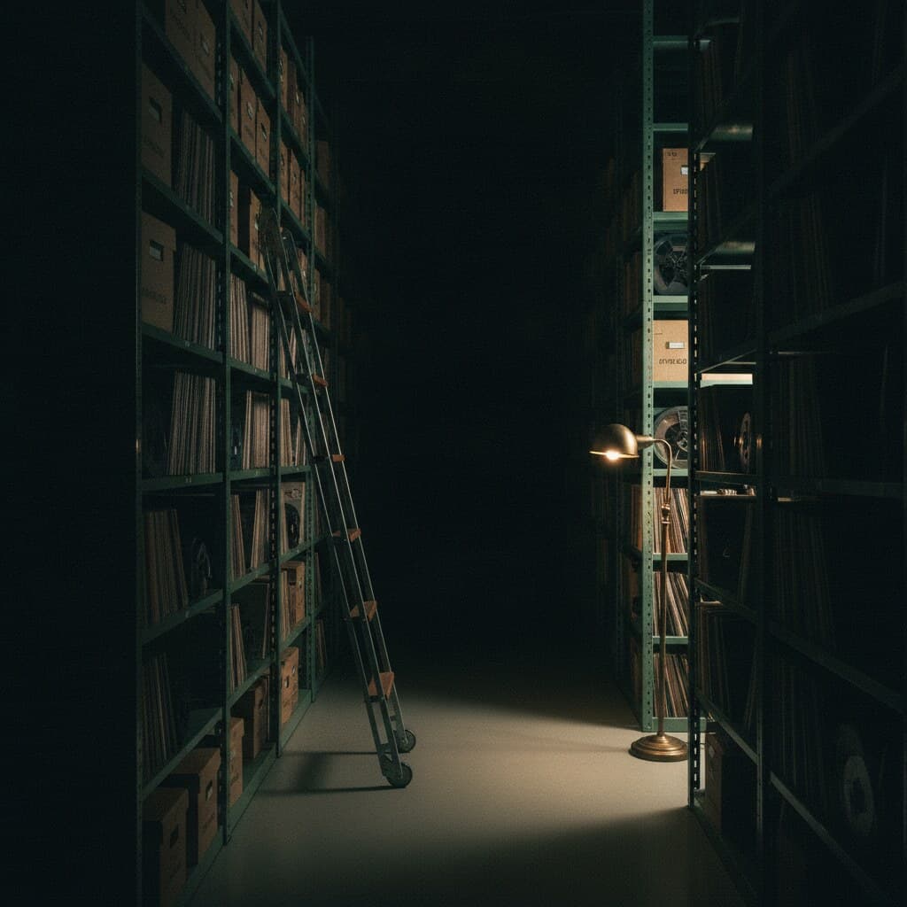 Archive room at night with tall shelves full of record crates and tapes and a rolling ladder.