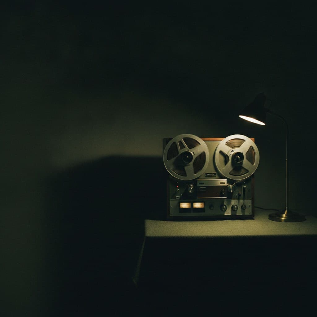 Bandmaschine mit zwei offenen Spulen in einem dunklen Raum, angestrahlt von einer Lampe.