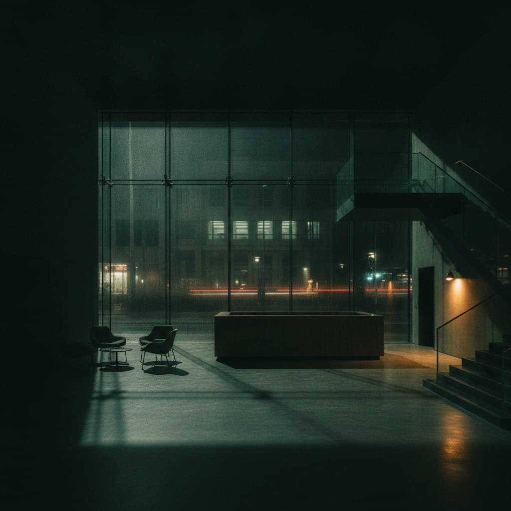 Eingangshalle eines Kulturhauses bei Nacht, Glasfront, niedriger Empfangstresen, warm beleuchtete Treppe.