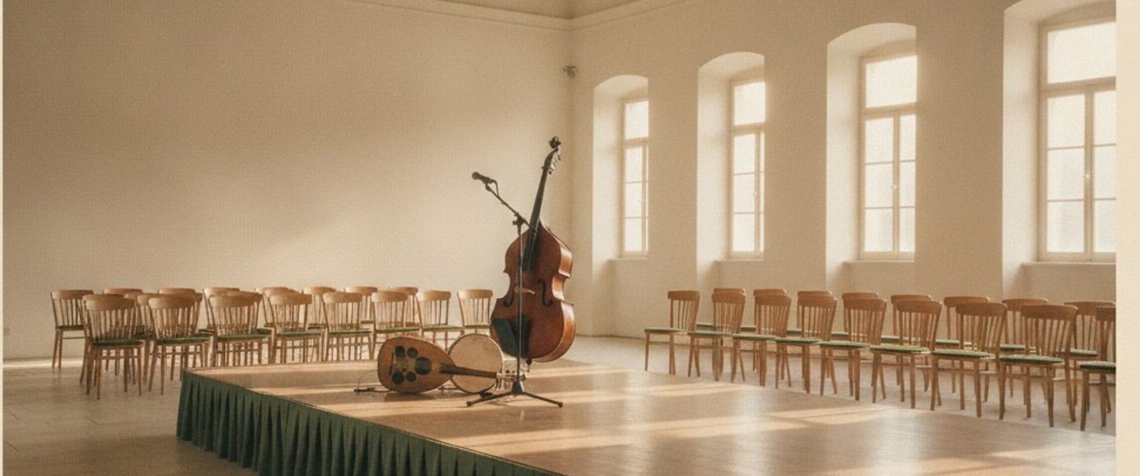 Leerer Konzertsaal mit hohen Fenstern: auf einer niedrigen Bühne stehen ein Kontrabass, eine Laute und eine Rahmentrommel, davor Reihen leerer Holzstühle.