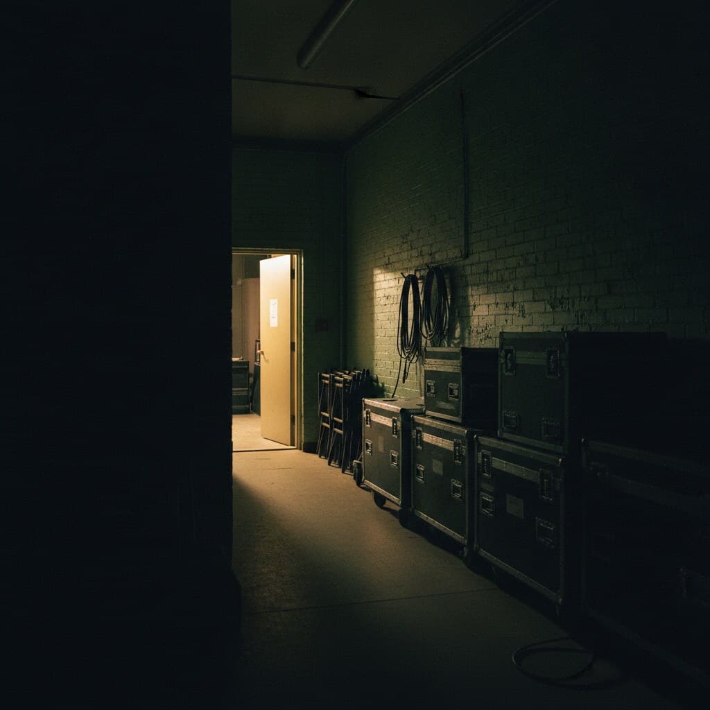 Backstage-Gang bei Nacht mit gestapelten Flightcases an einer gestrichenen Ziegelwand und warmem Licht aus einer Tür.
