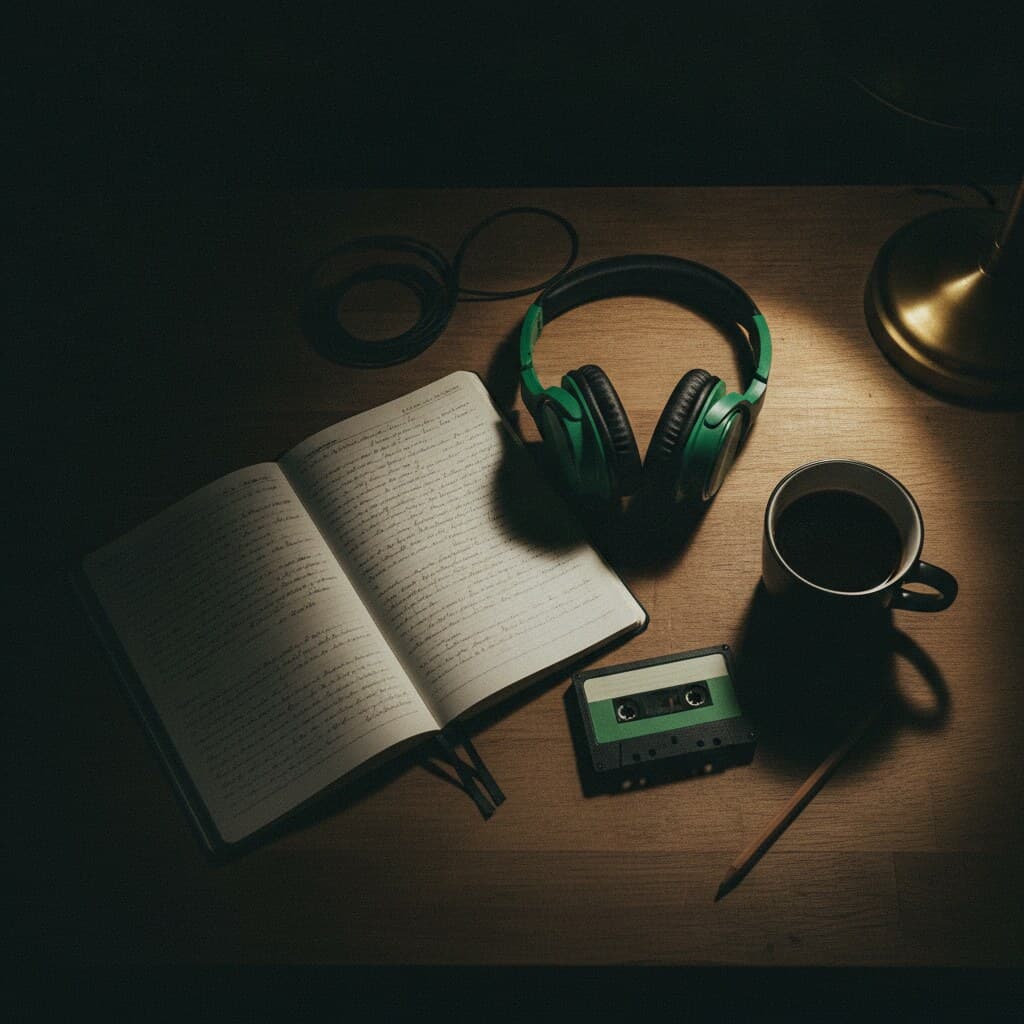 Aufgeschlagenes Notizbuch, Kopfhörer, Audiokassette und eine Tasse auf einem Holztisch im Lampenlicht.