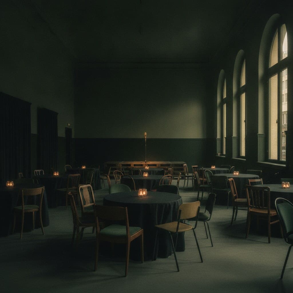 Foyersaal mit runden Tischen, Kerzenlampen und einer niedrigen Bühne mit Mikrofonständer.