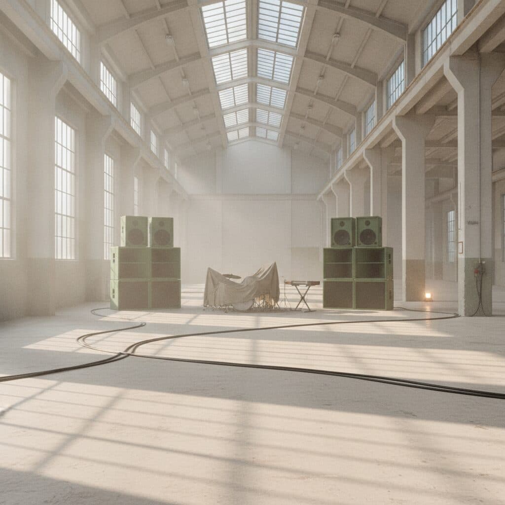 Helle Industriehalle mit Betonstützen, zwei grossen Lautsprechertürmen und abgedeckten Instrumenten dazwischen.