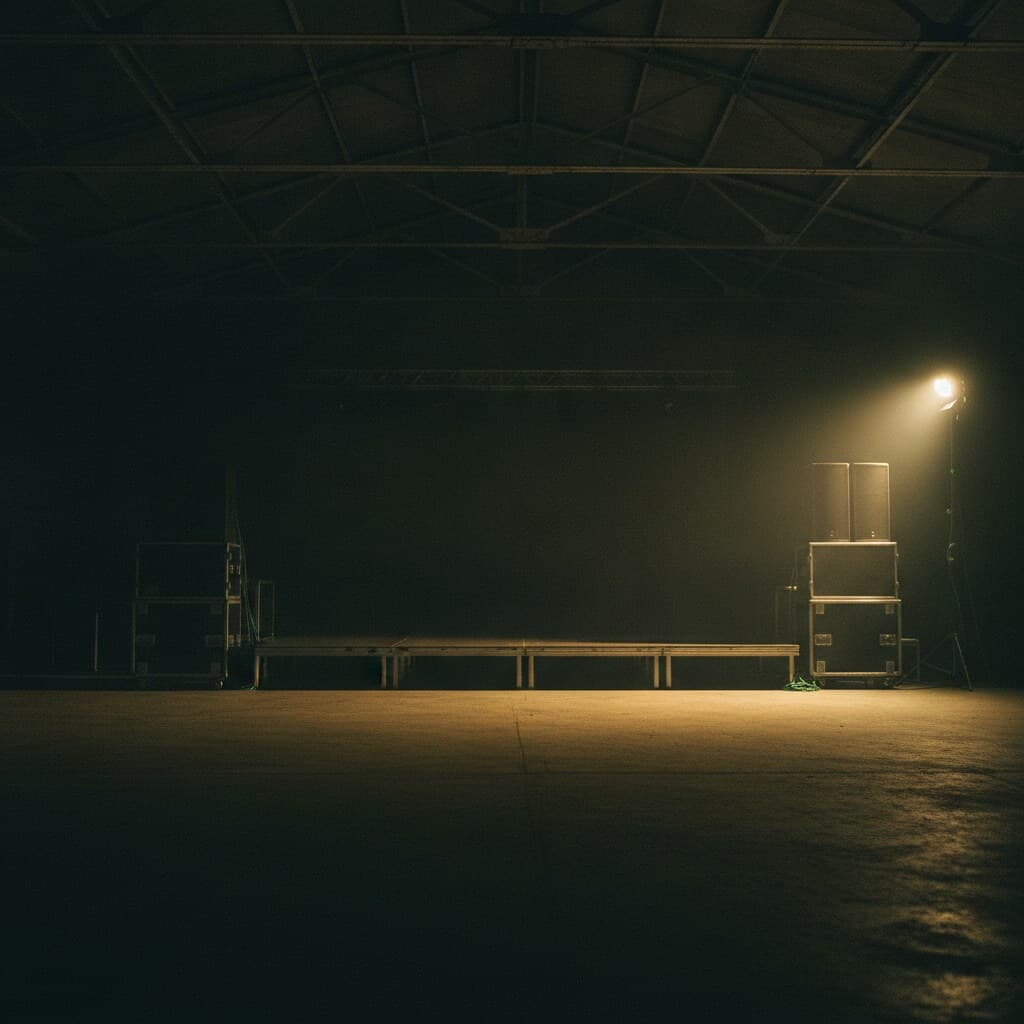 Rohe Industriehalle bei Nacht mit Stahlträgern, zwei Lautsprechertürmen und einer leeren Bühne.