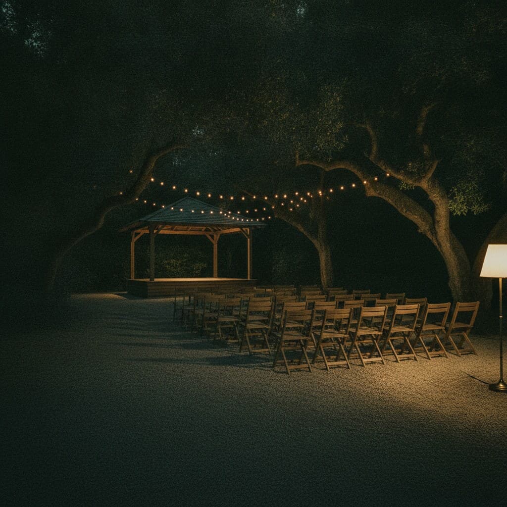 Gartenhof in der Dämmerung, Stuhlreihen auf Kies unter alten Bäumen, ein Pavillon und Lichterketten.