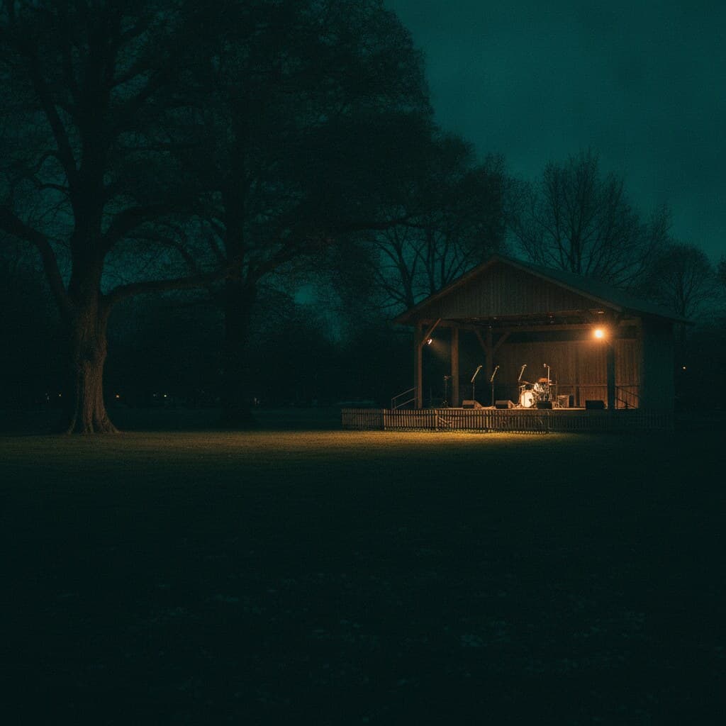 Covered open-air stage in a park at blue hour, warmly lit, an empty lawn in front of it.