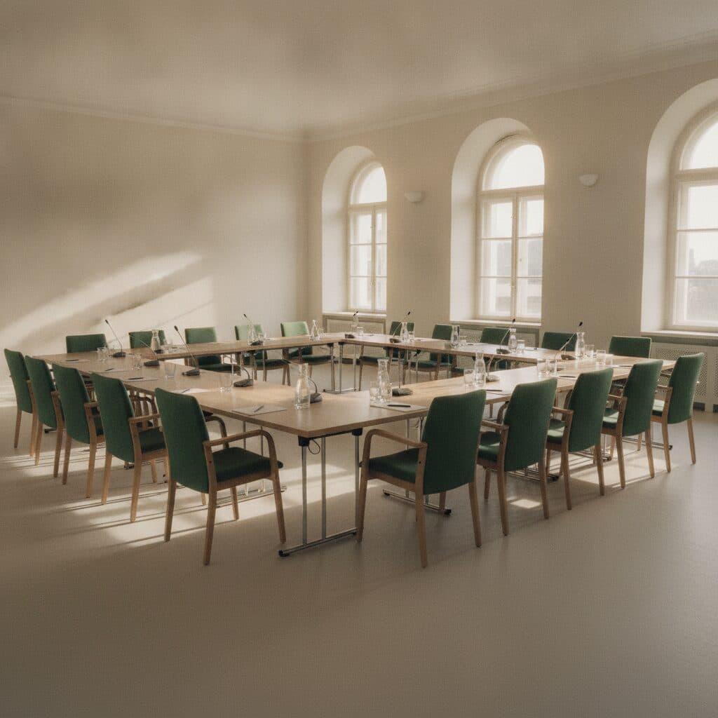 Heller Seminarraum mit einem in U-Form gestellten Tisch, dunkelgrünen Stühlen und leeren Notizblöcken.