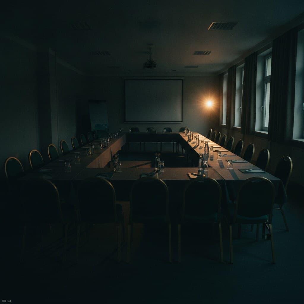 Seminarraum am Abend mit U-förmig gestellten Tischen, dunkelgrünen Stühlen und Projektionsfläche.