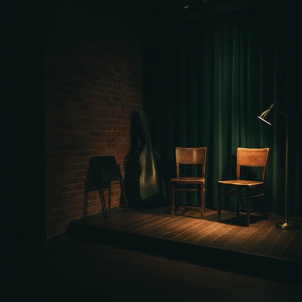 Small dark club room with two empty wooden chairs on a corner stage and a double bass case against the wall.