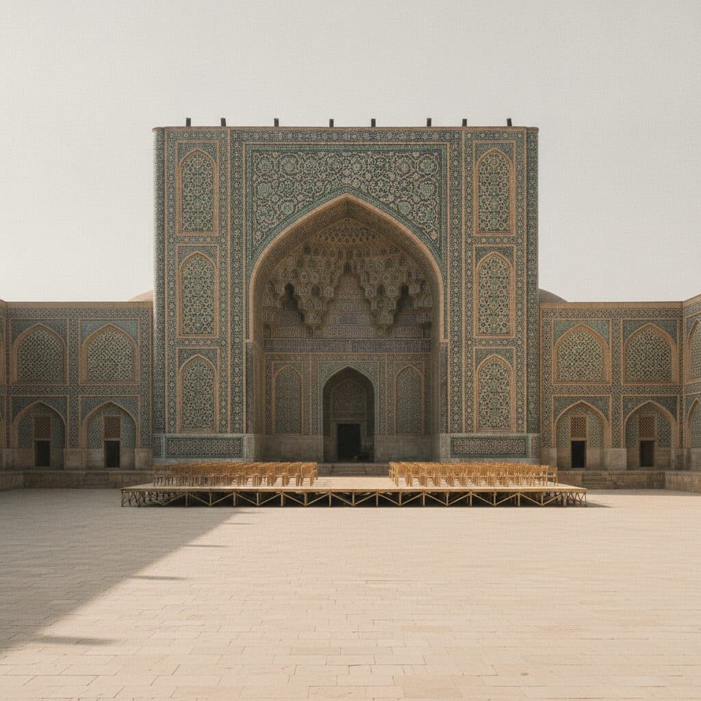 Monumentales gekacheltes Portal einer zentralasiatischen Medrese bei Tageslicht, davor eine niedrige Bühne mit leeren Stühlen.
