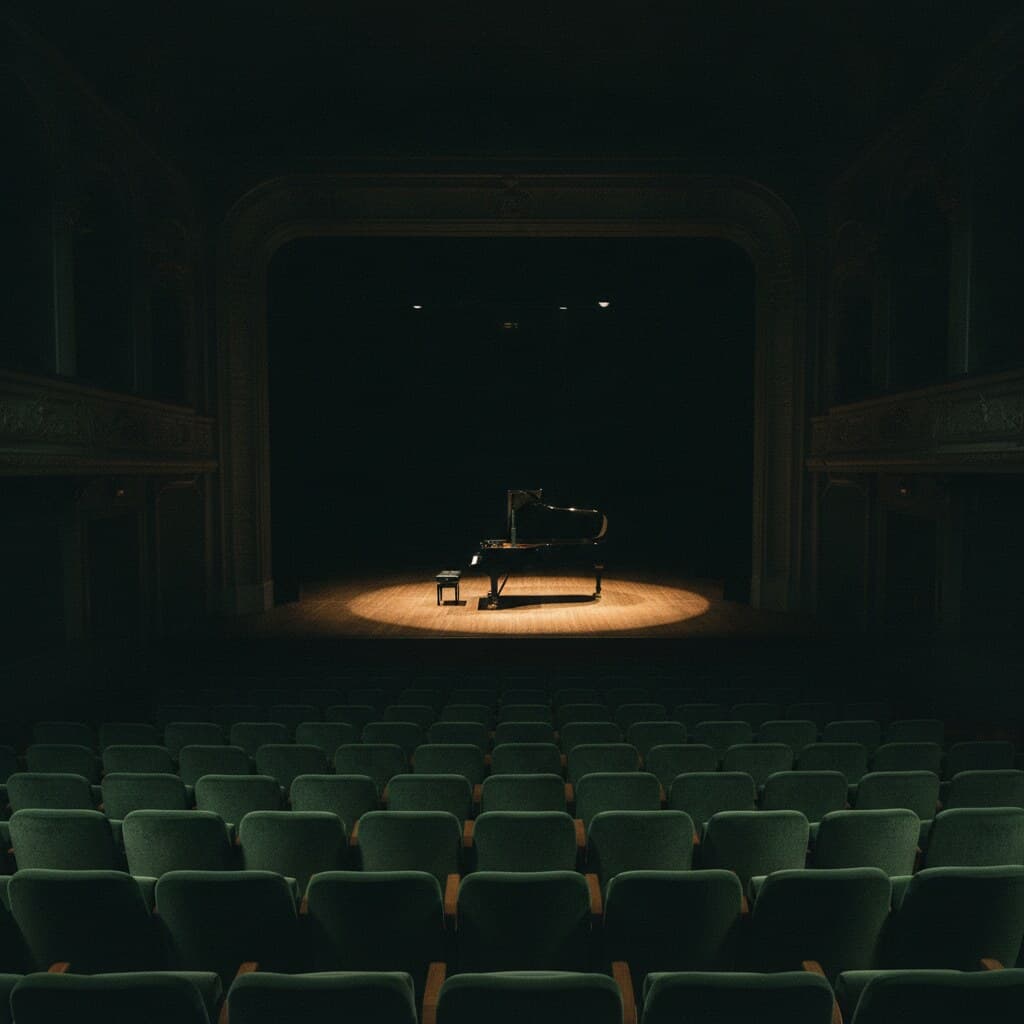 Empty theatre hall seen from the back row: rows of chairs up to a low stage where a closed grand piano stands in a spotlight.