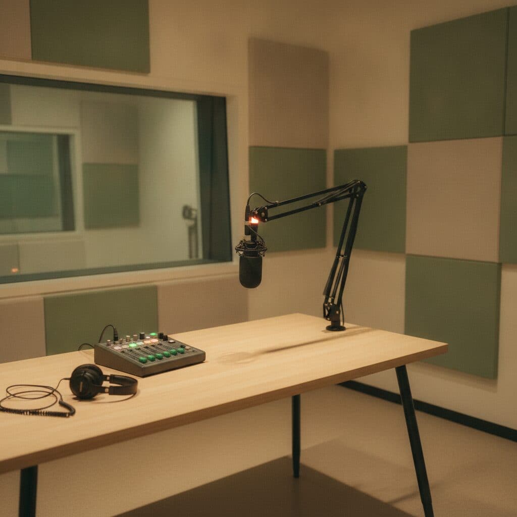 Helles kleines Radiostudio mit Mikrofon am Schwenkarm, kleinem Mischpult und Kopfhörern auf einem Holztisch.