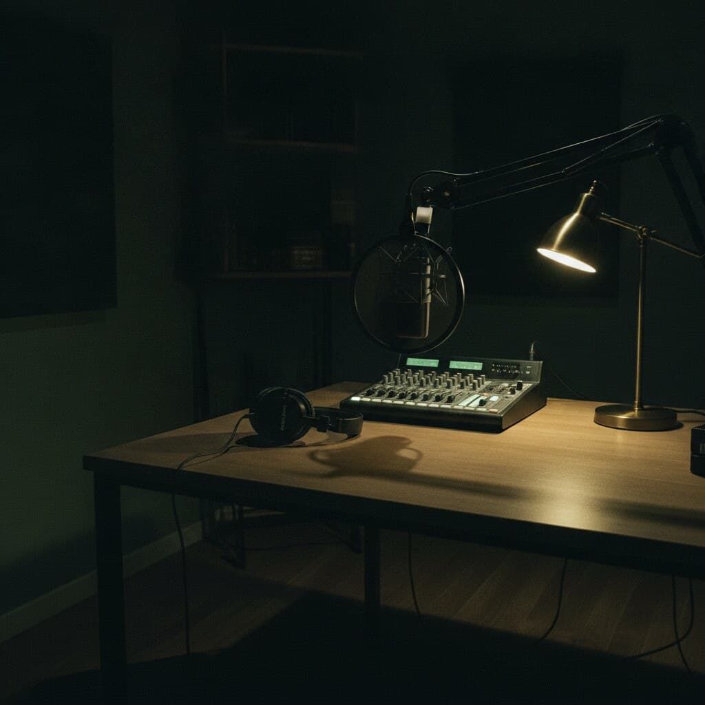 Kleines Radiostudio bei Nacht mit Großmembranmikrofon am Galgen, Poppschutz und kompaktem Mischpult.
