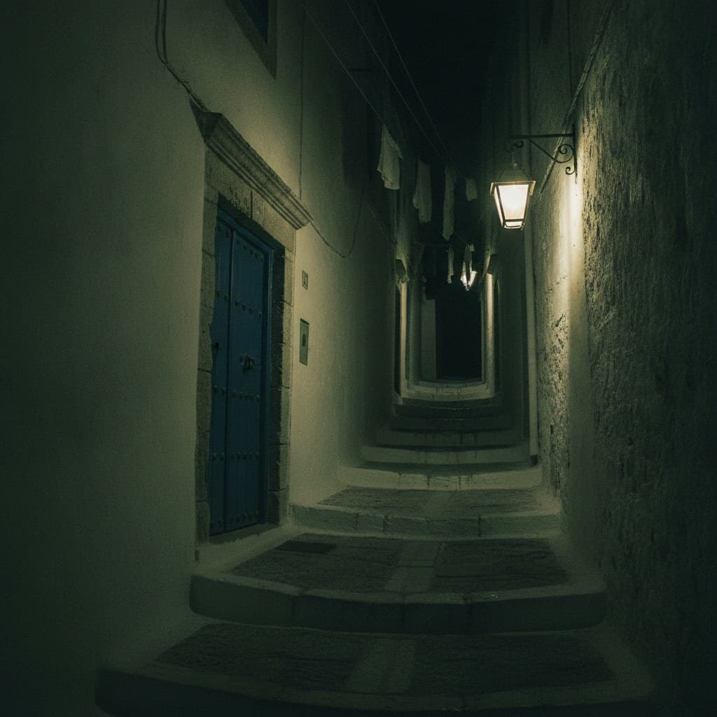 Enge mediterrane Altstadtgasse bei Nacht mit gekalkten Wänden, blauer Tür und einer Wandlaterne.